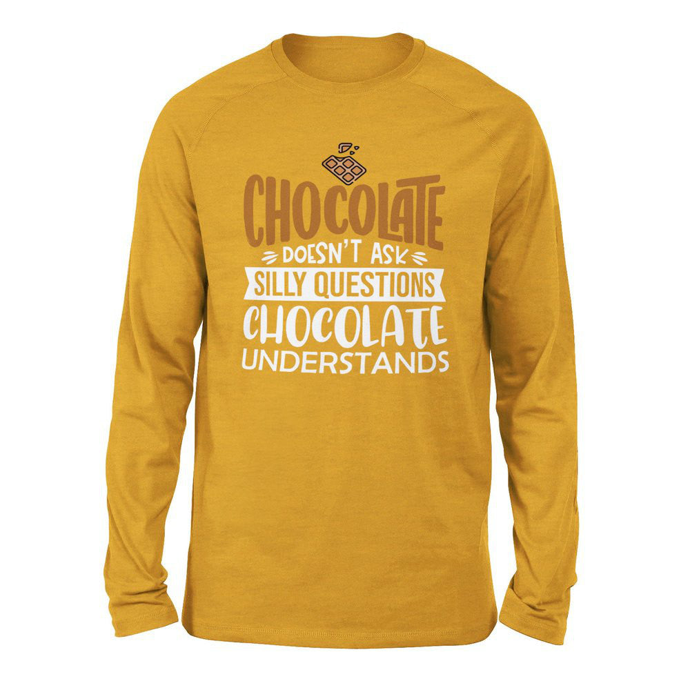 Chocolate Doesn't Ask Silly Questions, Chocolate Undestands Men/Unisex Drop Shoulder Sweatshirt in Heather Mustard color
