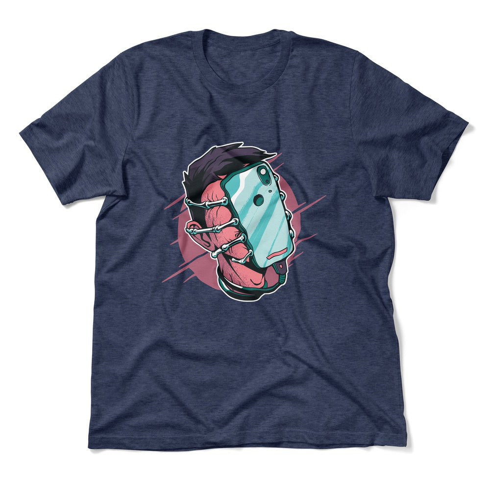 Phone Face Hugger Men/Unisex T-Shirt in Heather Navy color