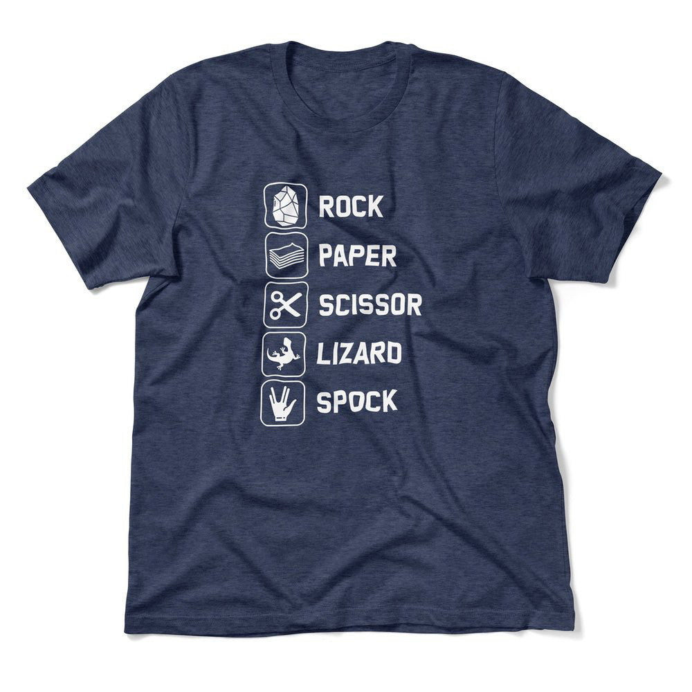 Rock Paper Scissor Lizard Spock Men/Unisex T-Shirt in Heather Navy color