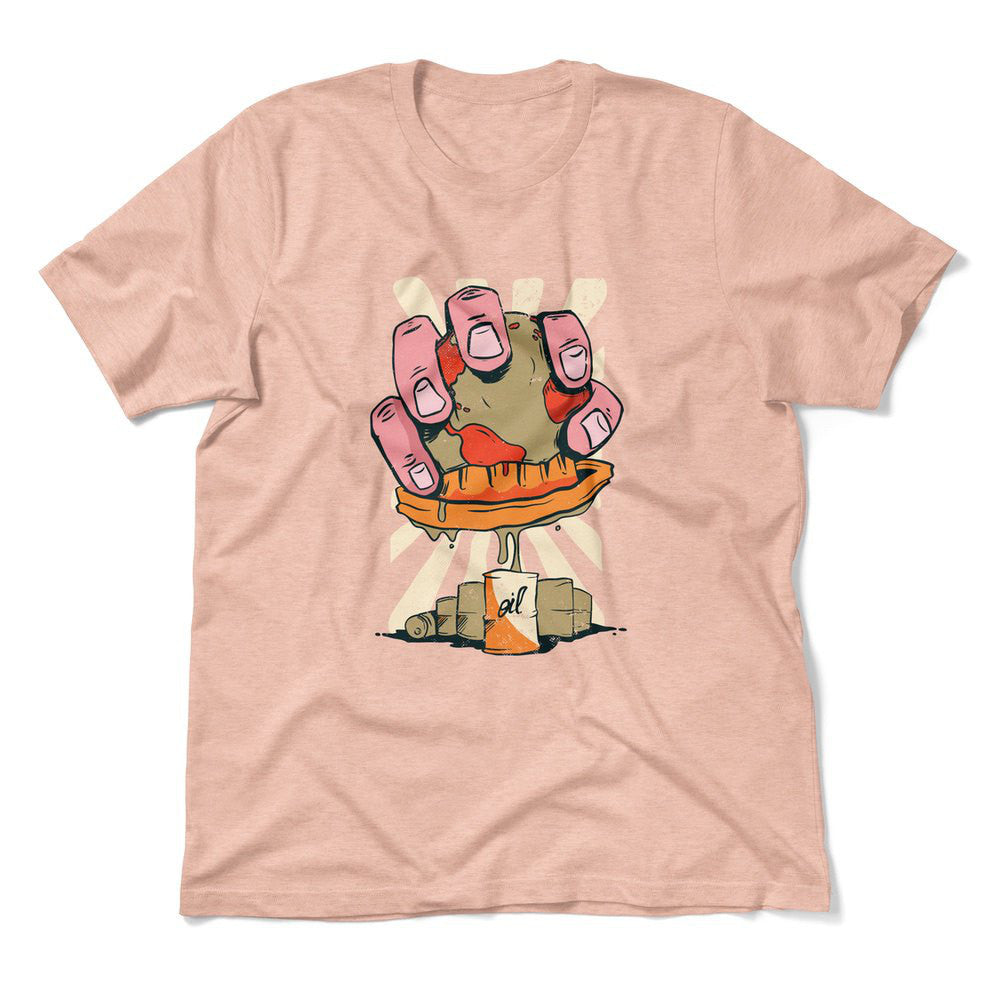 Planet Oil Squeezer Men/Unisex T-Shirt in Heather Peach color