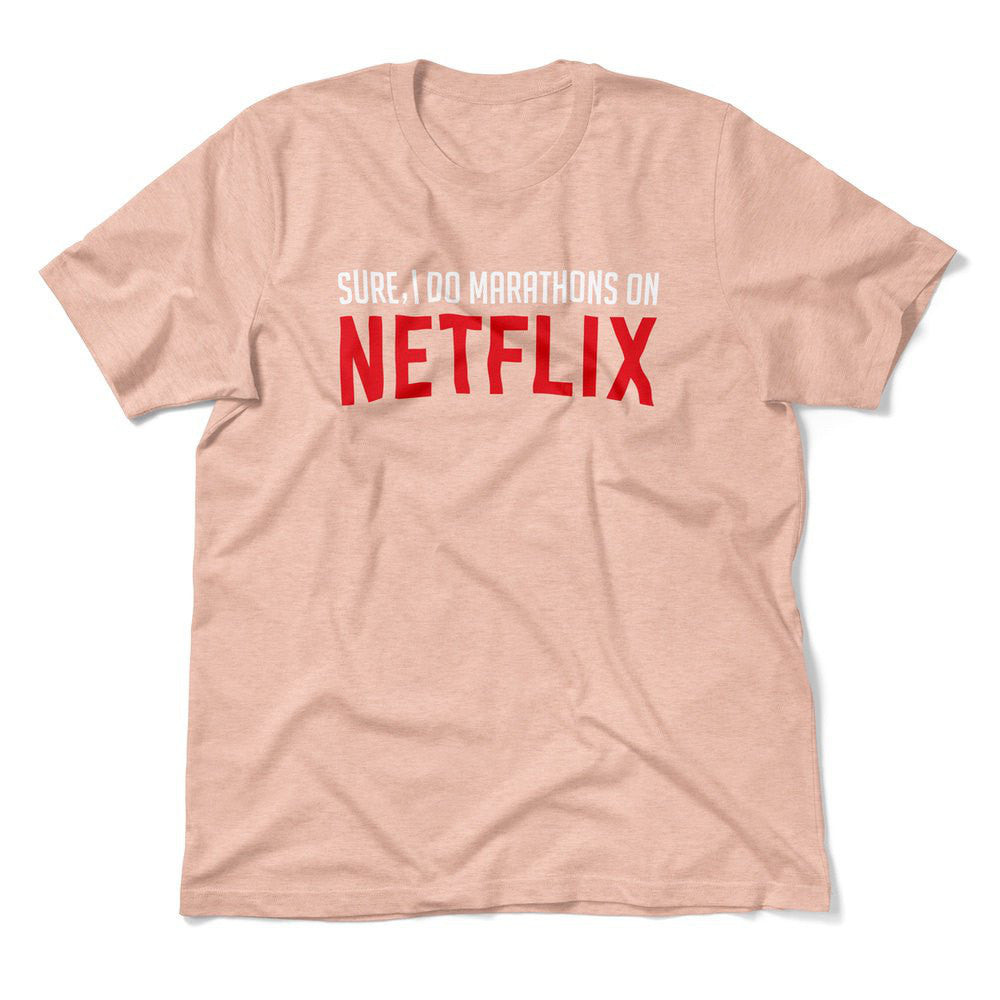 Sure, I Do Marathons On Netflix Men/Unisex T-Shirt in Heather Peach color