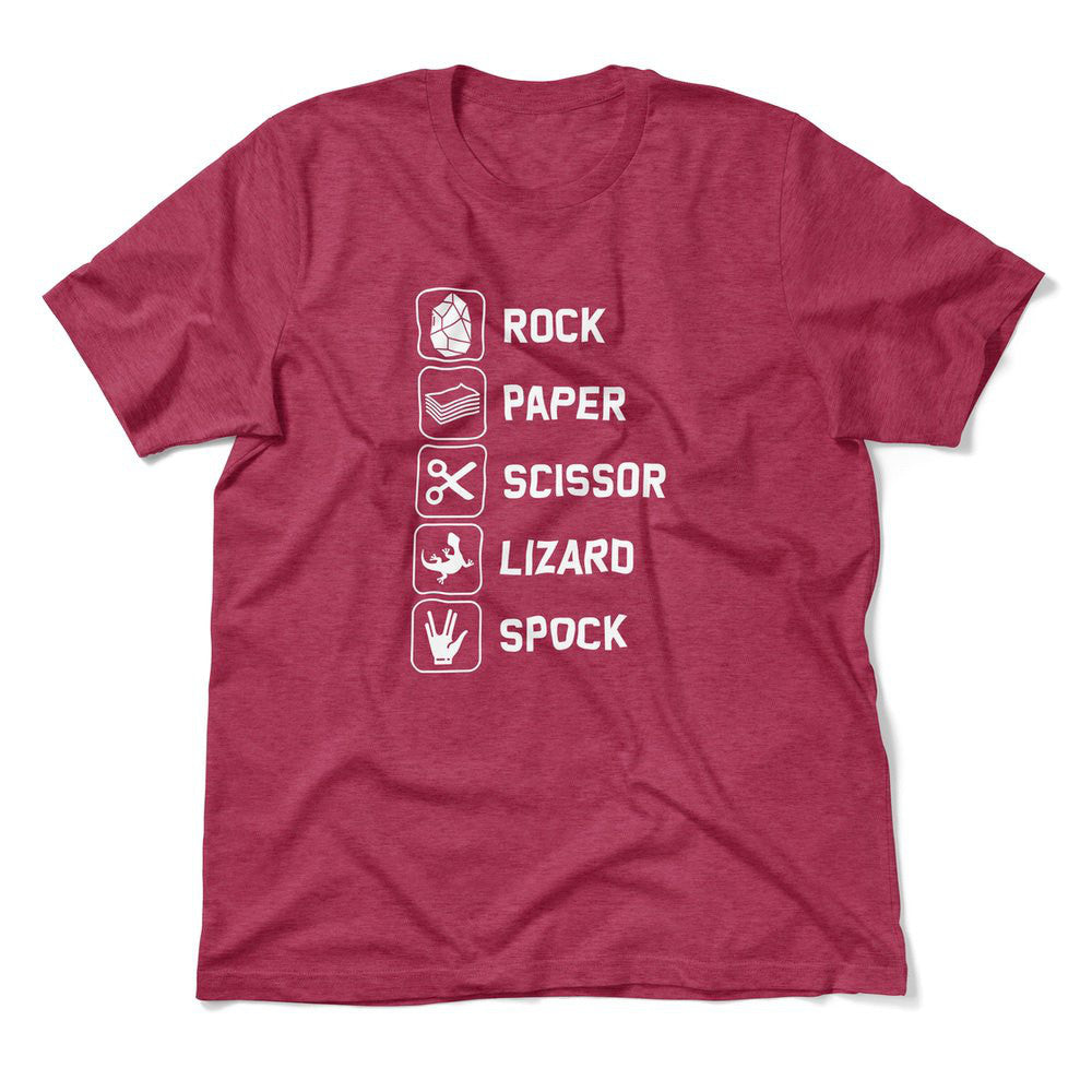 Rock Paper Scissor Lizard Spock Men/Unisex T-Shirt in Heather Raspberry color