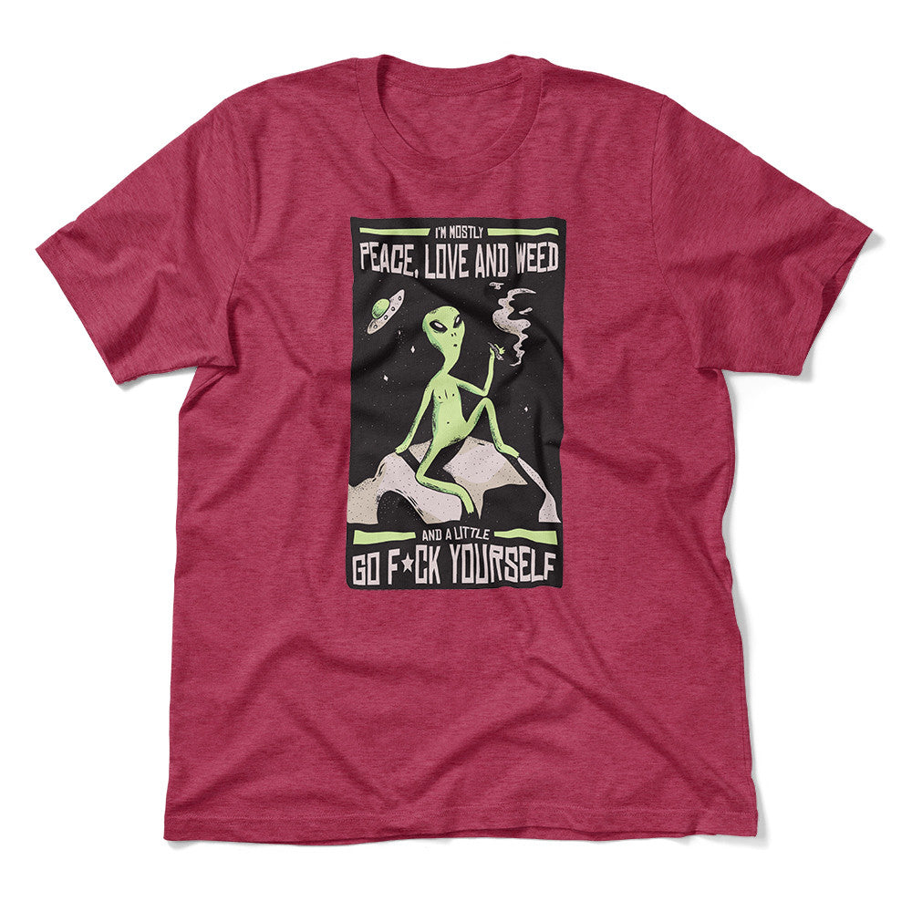 I Mostly Want Peace, Love And Weed Men/Unisex T-Shirt in Heather Raspberry color