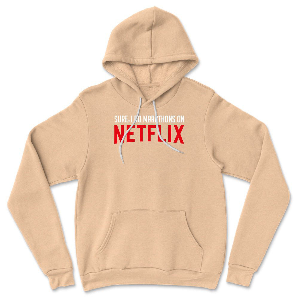 Sure, I Do Marathons On Netflix Hoodie in Heather Sand Dune color