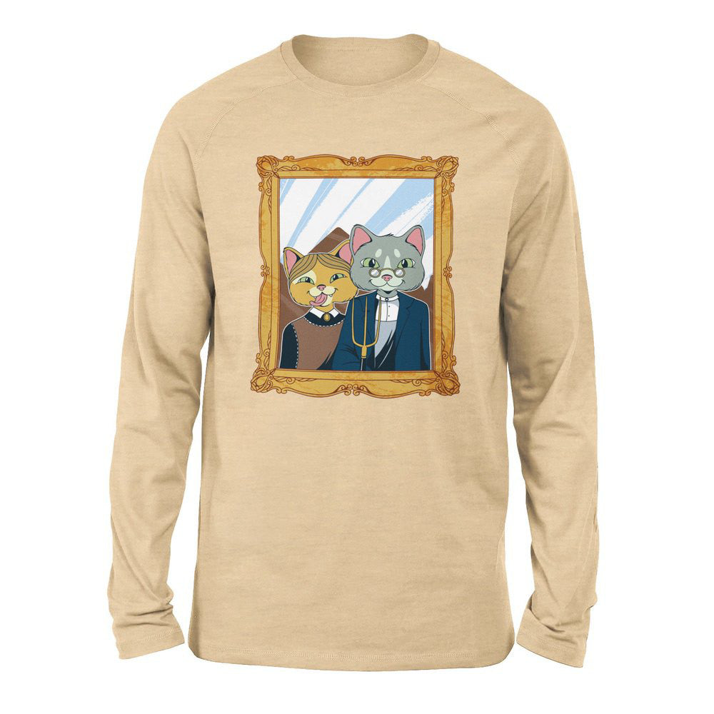 American Gothic Cats Men/Unisex Drop Shoulder Sweatshirt in Heather Sand Dune color