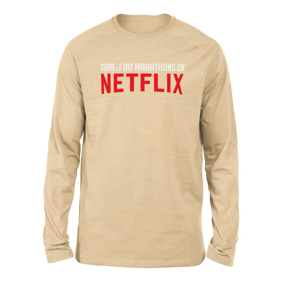 Sure, I Do Marathons On Netflix Men/Unisex Drop Shoulder Sweatshirt in Heather Sand Dune color
