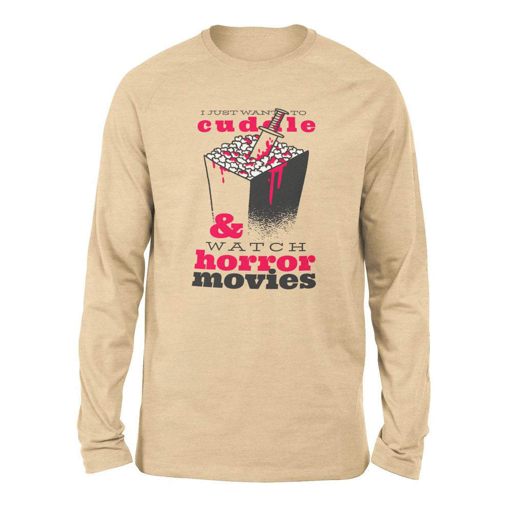 I Just Want To Cuddle And Watch Horror Movies Men/Unisex Drop Shoulder Sweatshirt in Heather Sand Dune color