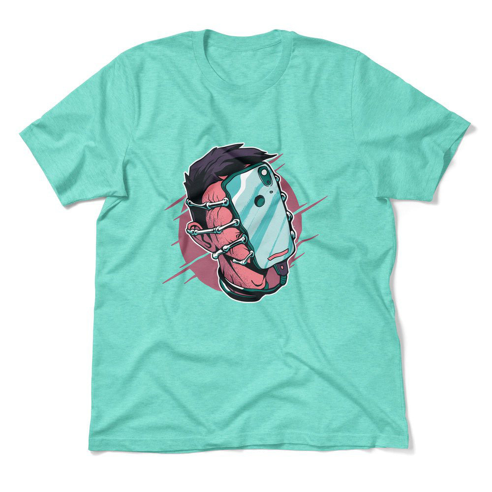 Phone Face Hugger Men/Unisex T-Shirt in Heather Sea Green color