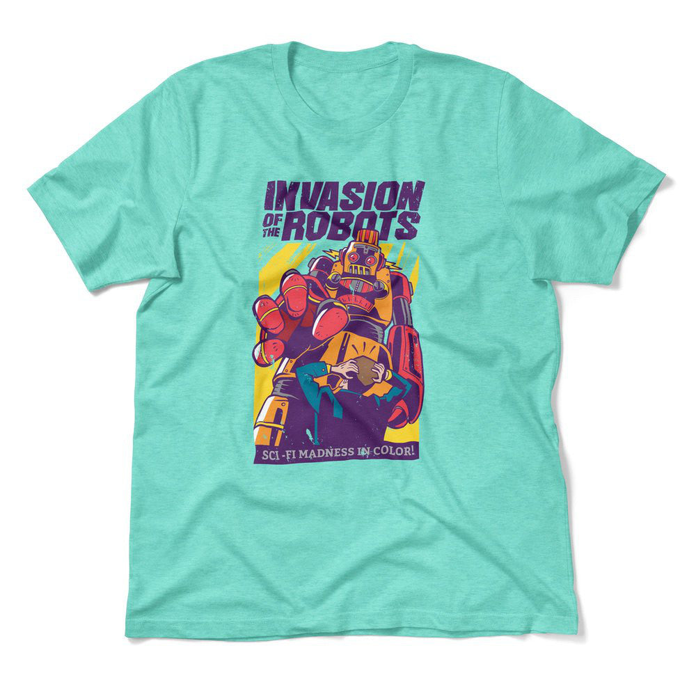 Invasion Of The Robots Men/Unisex T-Shirt in Heather Sea Green color