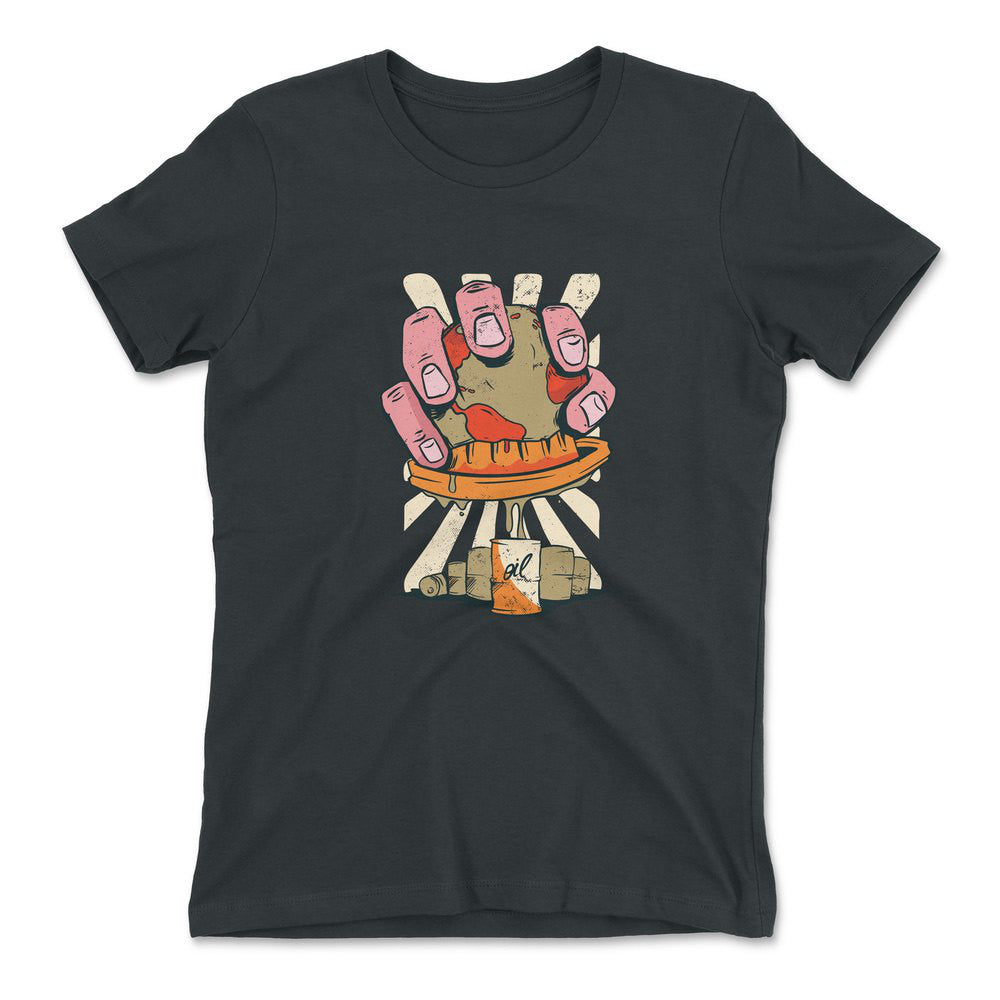 Planet Oil Squeezer Womens T-Shirt in Heavy Metal color