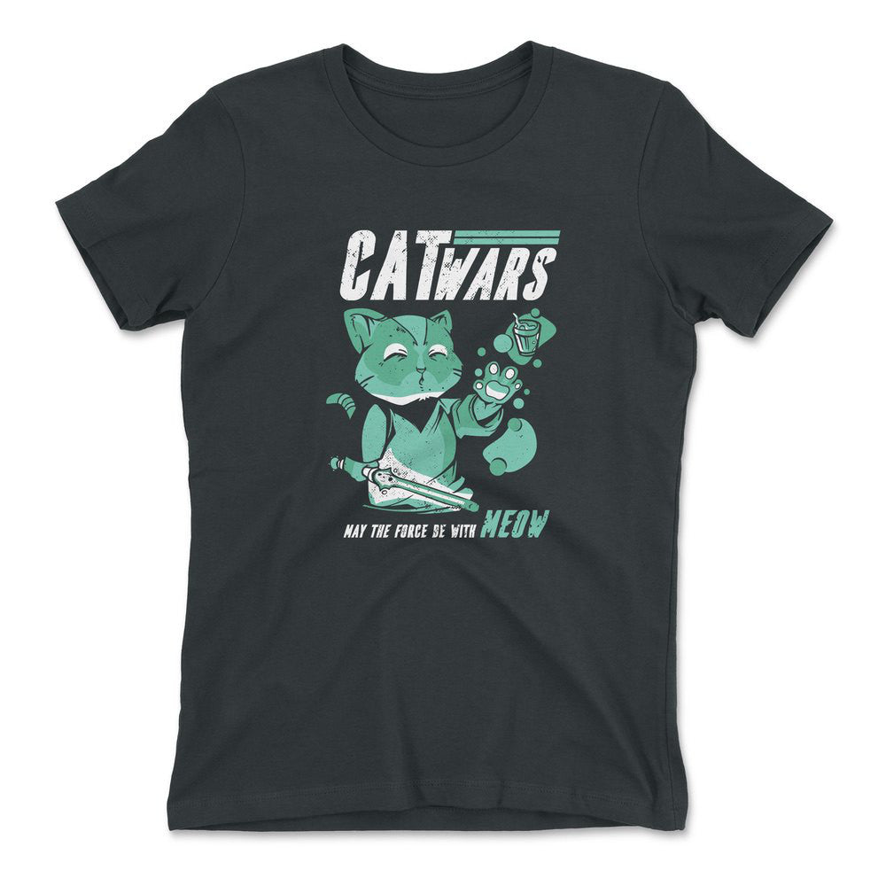 Cat Wars - May The Force Be With Meow Womens T-Shirt in Heavy Metal color