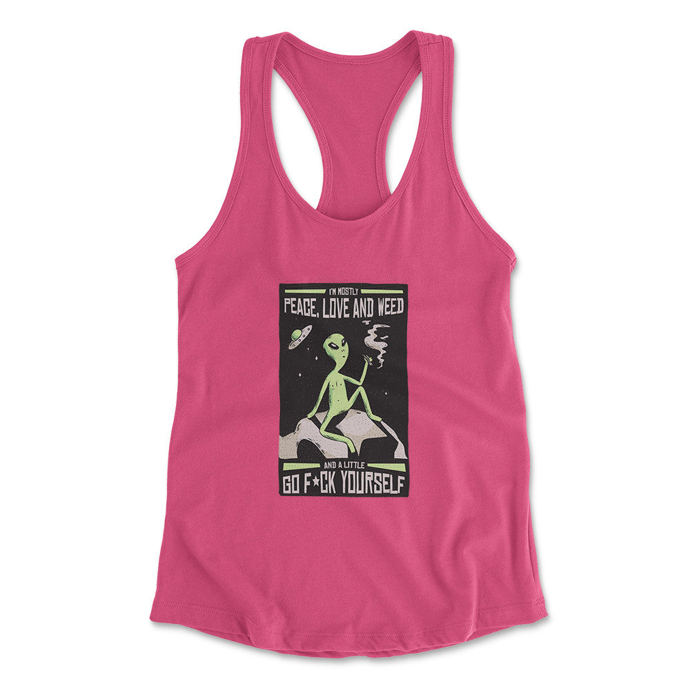 I Mostly Want Peace, Love And Weed Womens Racerback Tank in Hot Pink color