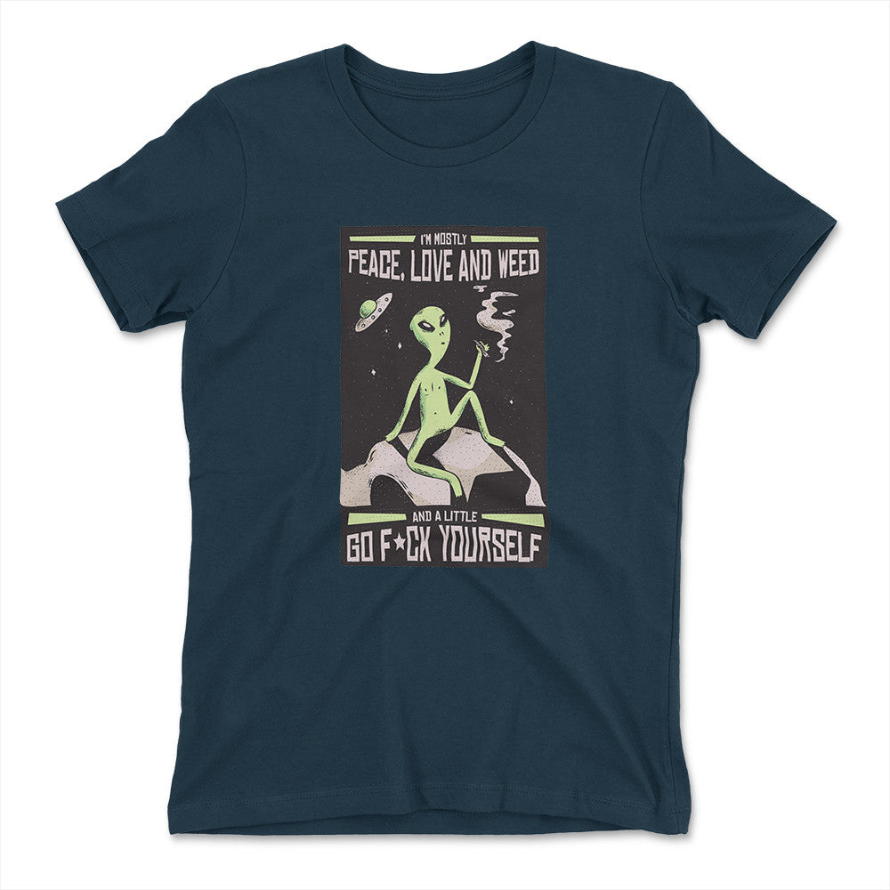 I Mostly Want Peace, Love And Weed Womens T-Shirt in Midnight Navy color