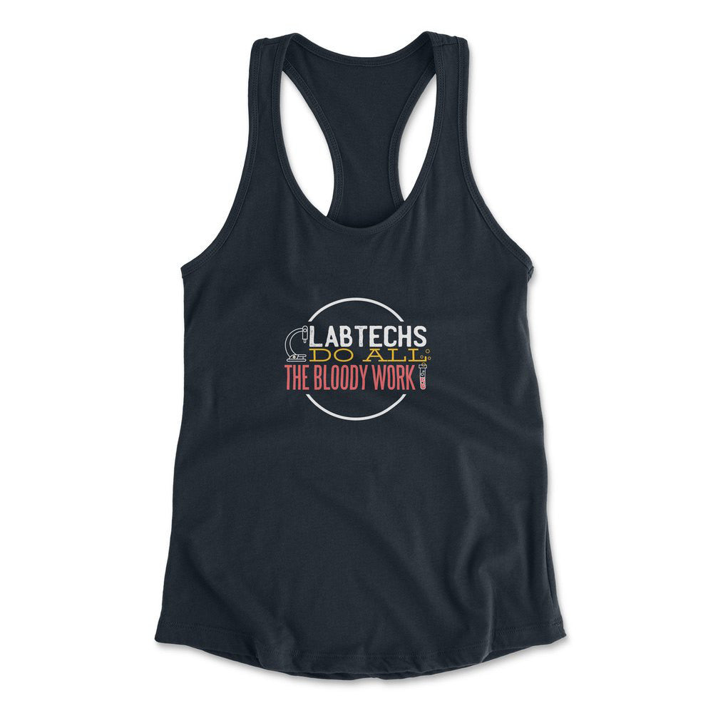 Lab Techs Do All The Bloody Work Womens Racerback Tank in Midnight Navy color