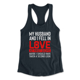 My Husband And I Fell In Love At First Sight Womens Racerback Tank in Midnight Navy color