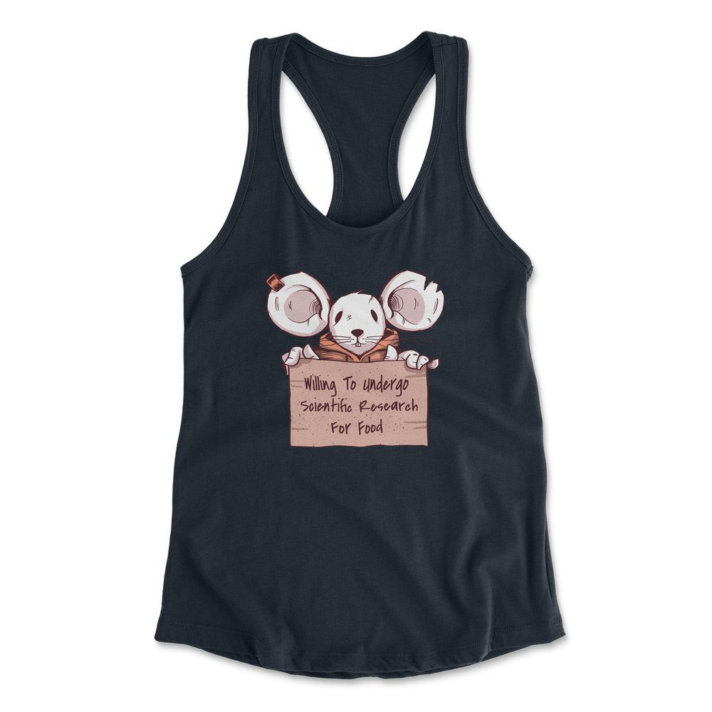 Willing To Undergo Scientific Research For Food Womens Racerback Tank in Midnight Navy color