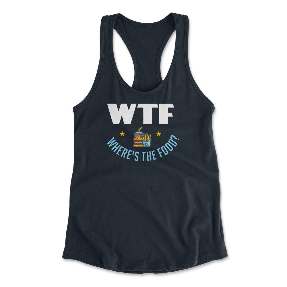 WTF - Where's The Food Womens Racerback Tank in Midnight Navy color