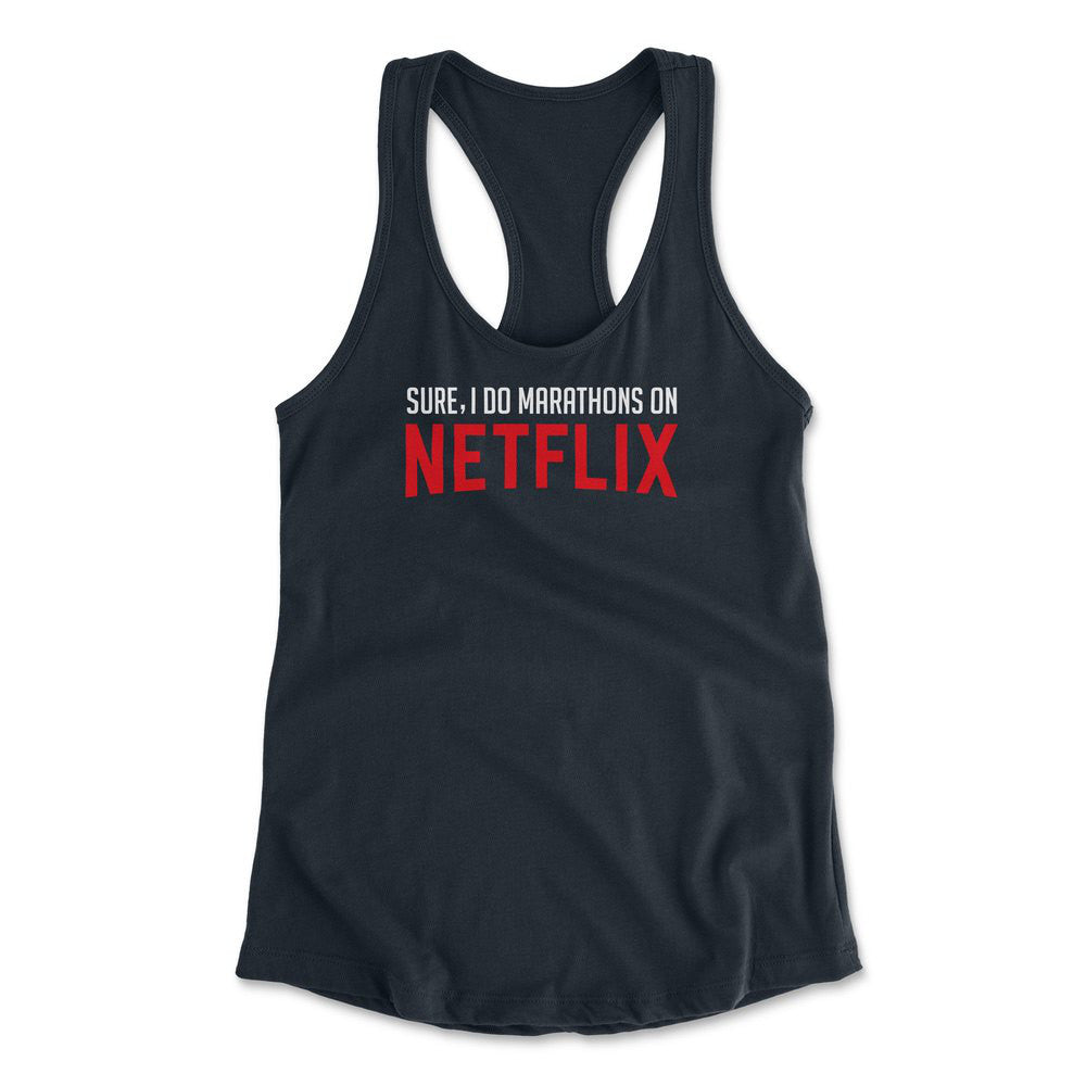 Sure, I Do Marathons On Netflix Womens Racerback Tank in Midnight Navy color