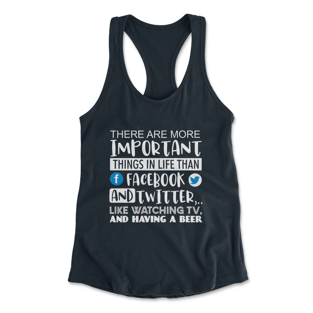 More Important Things In Life Than Fb And Twitter Womens Racerback Tank in Midnight Navy color