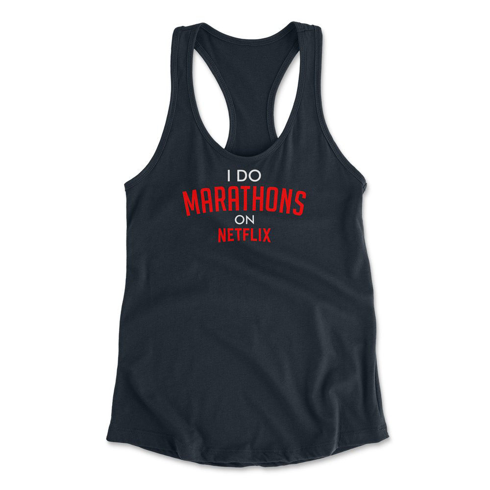 I Do Marathons On Netflix Womens Racerback Tank in Midnight Navy color