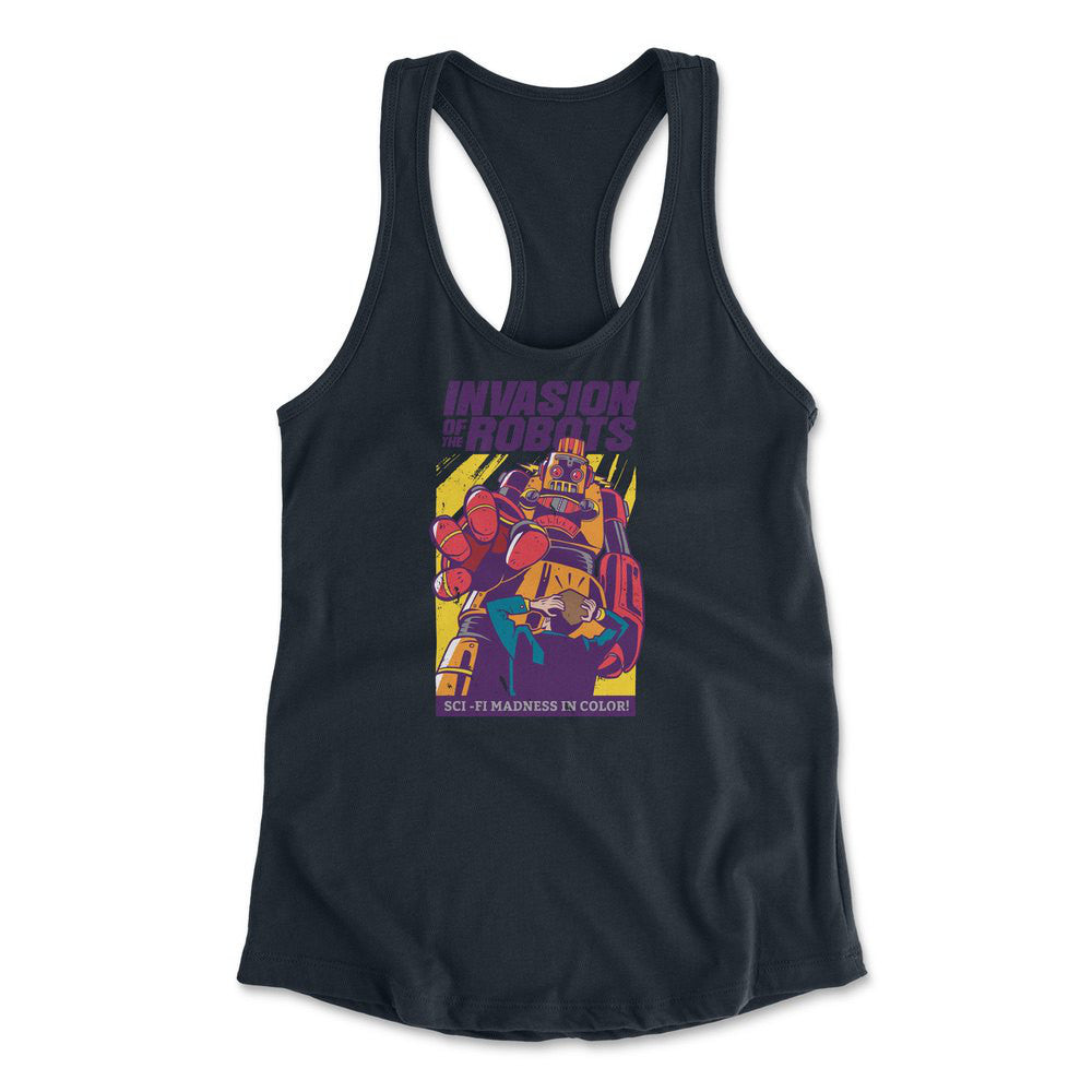 Invasion Of The Robots Womens Racerback Tank in Midnight Navy color