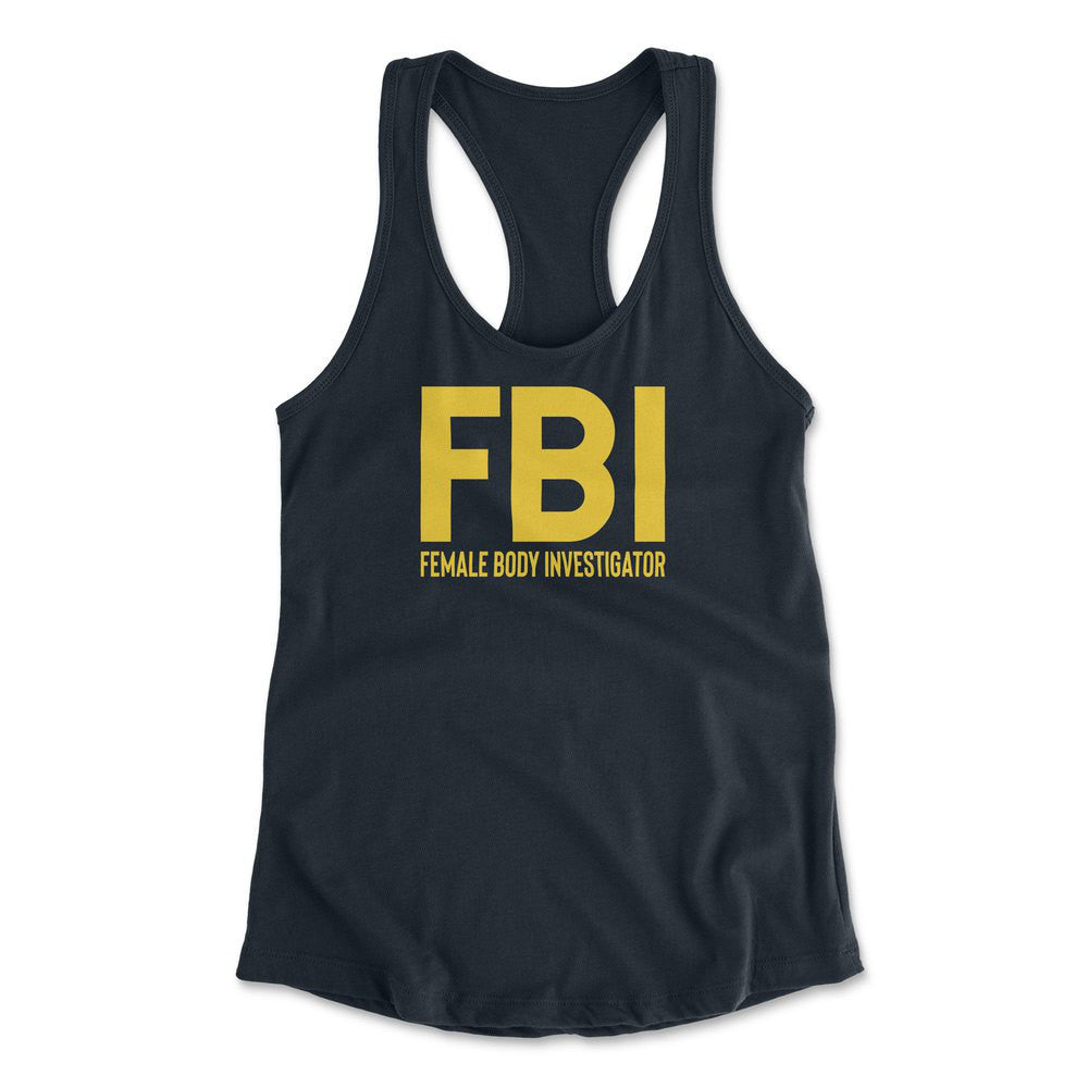 FBI - Female Body Investigator Womens Racerback Tank in Midnight Navy color