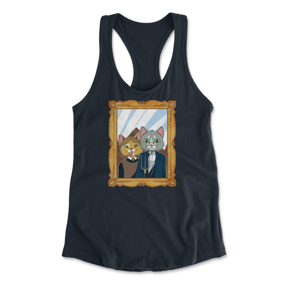 American Gothic Cats Womens Racerback Tank in Midnight Navy color