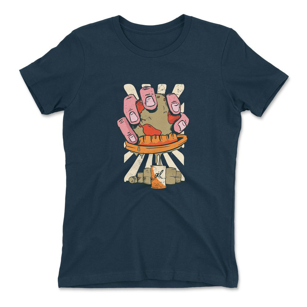 Planet Oil Squeezer Womens T-Shirt in Midnight Navy color