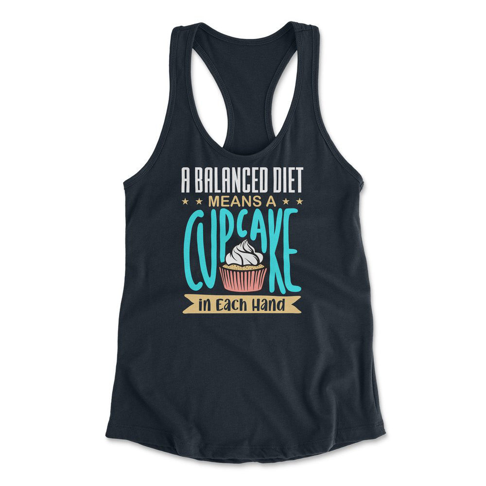 A Balanced Diet Means, A Cake In Each Hand Womens Racerback Tank in Midnight Navy color