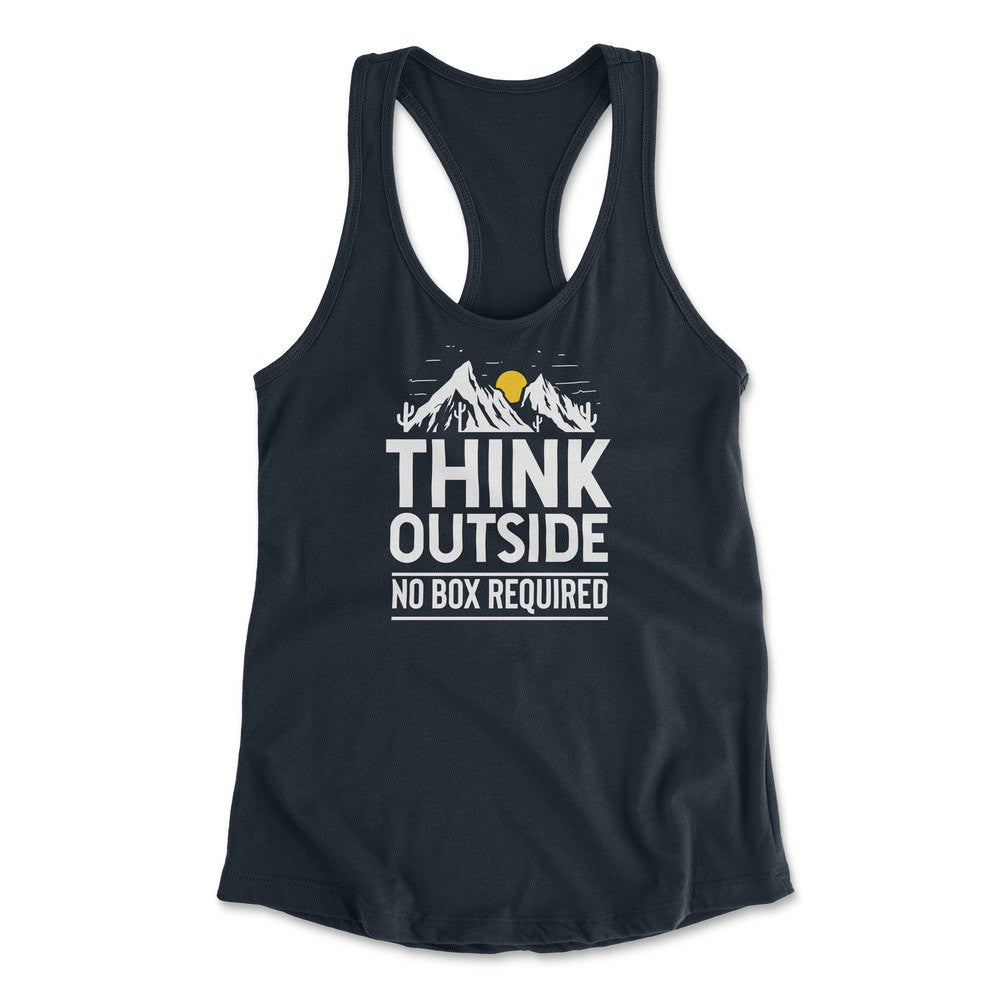 Think Outside, No Box Required Womens Racerback Tank in Midnight Navy color
