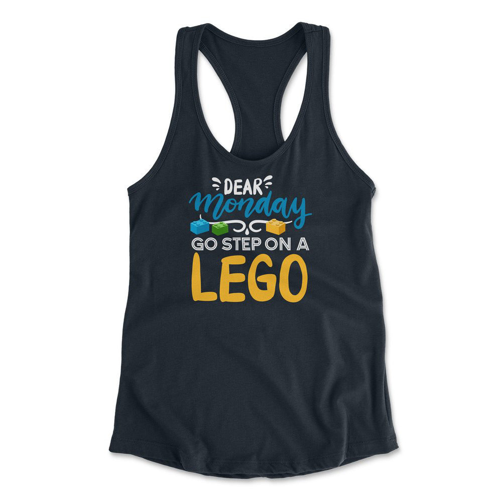 Dear Monday, Go Step On A Lego Womens Racerback Tank in Midnight Navy color