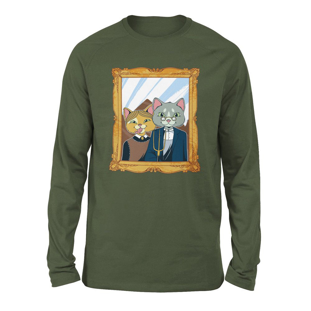 American Gothic Cats Men/Unisex Drop Shoulder Sweatshirt in Military Green color