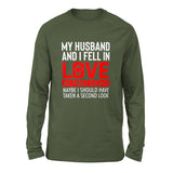 My Husband And I Fell In Love At First Sight Men/Unisex Drop Shoulder Sweatshirt in Military Green color