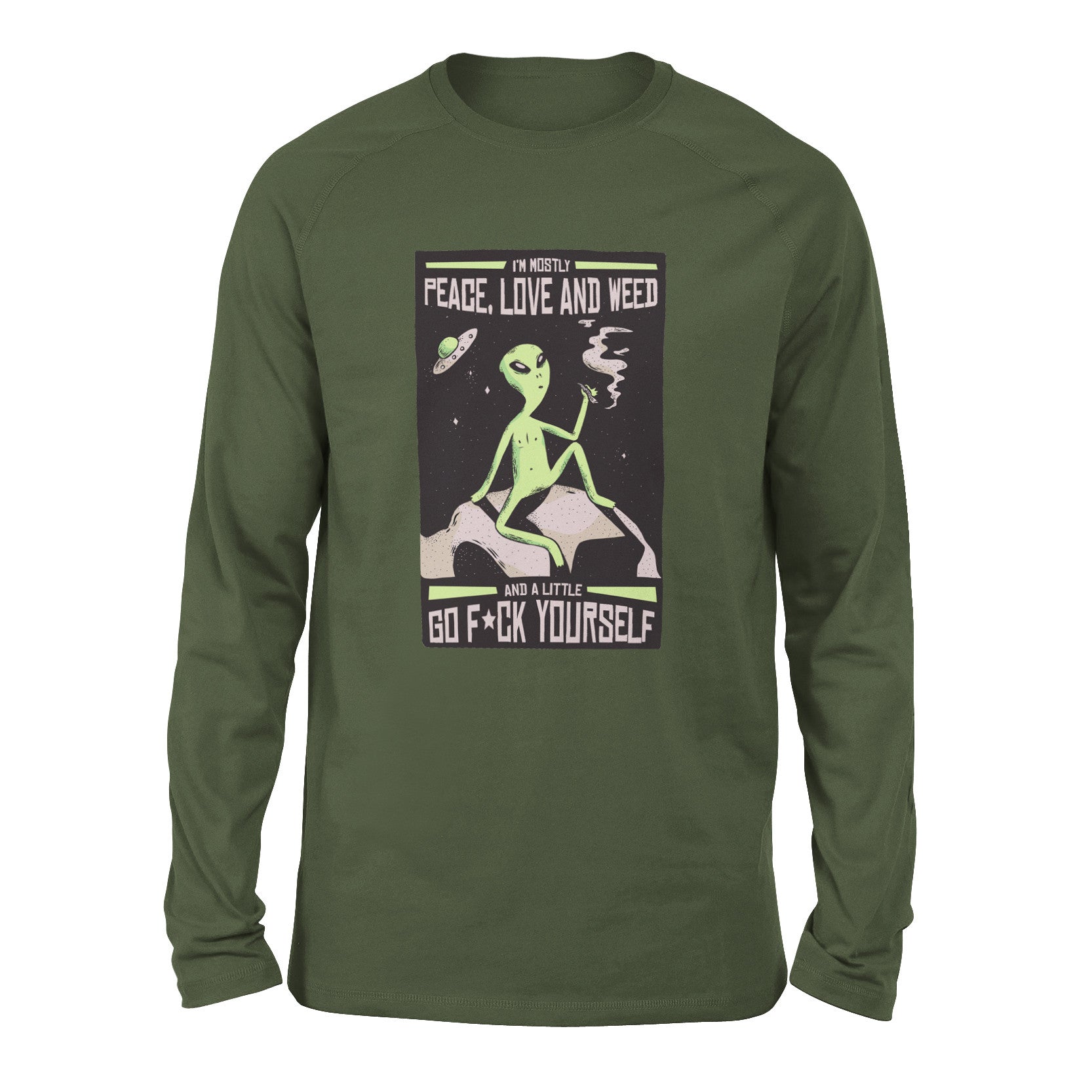 I Mostly Want Peace, Love And Weed Men/Unisex Drop Shoulder Sweatshirt in Military Green color