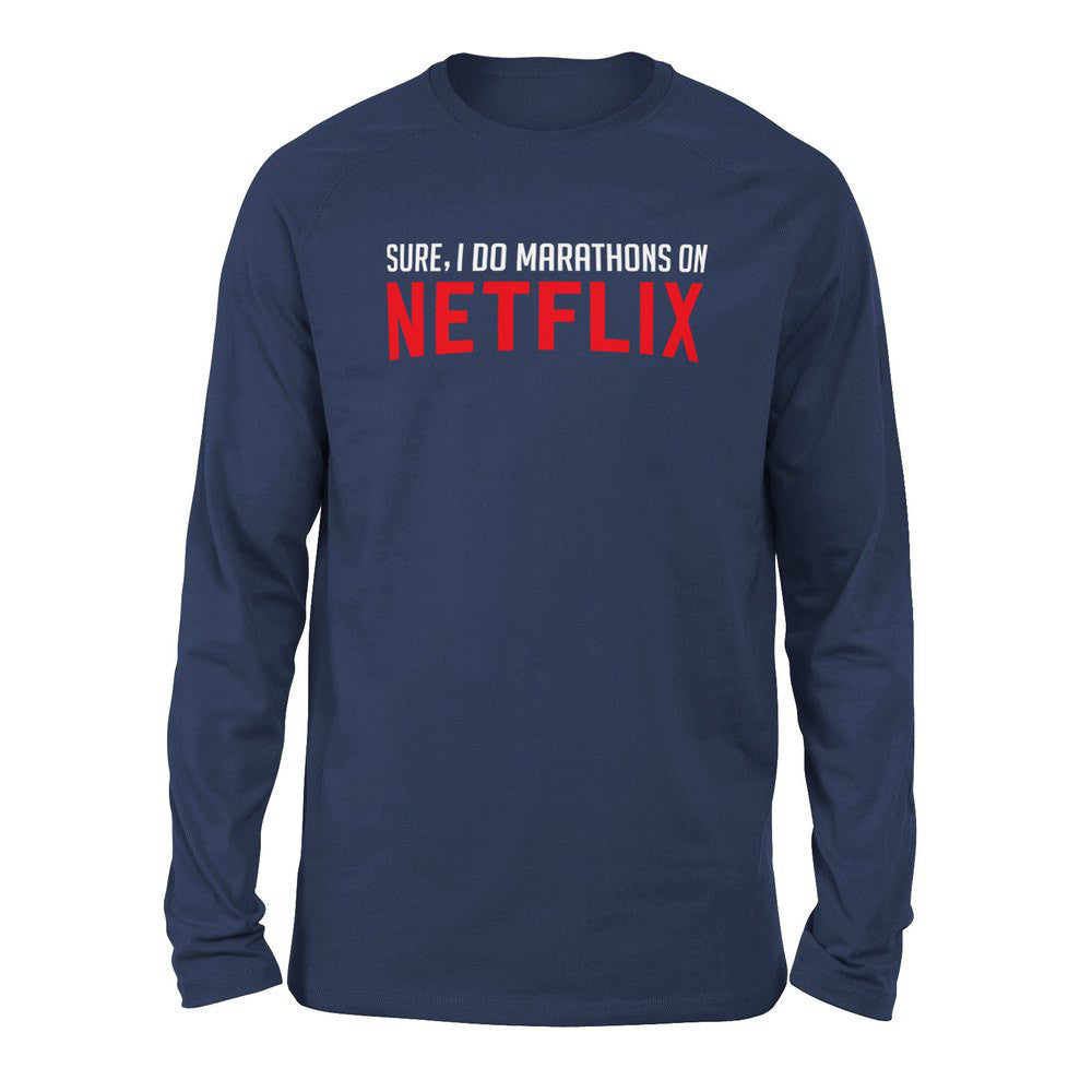 Sure, I Do Marathons On Netflix Men/Unisex Drop Shoulder Sweatshirt in Navy color