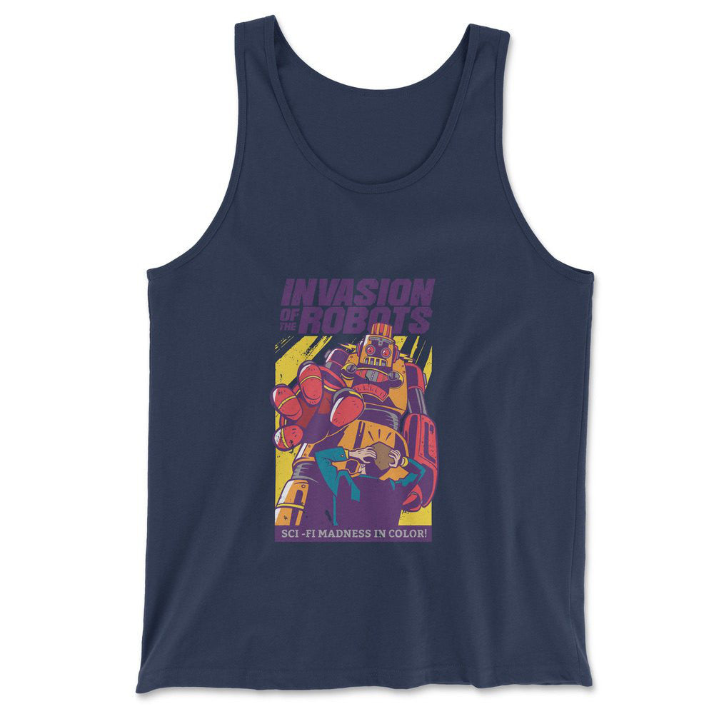 Invasion Of The Robots Men/Unisex Tank in Navy color