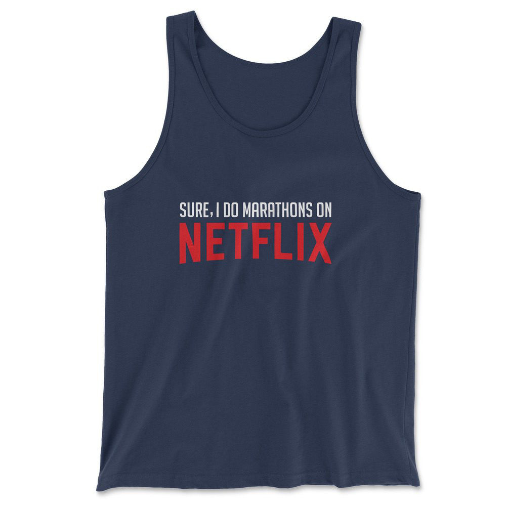 Sure, I Do Marathons On Netflix Men/Unisex Tank in Navy color