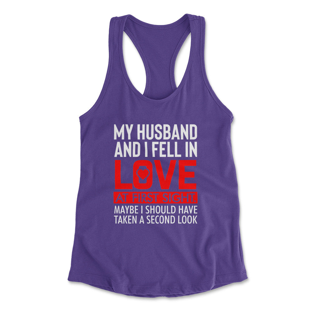 My Husband And I Fell In Love At First Sight Womens Racerback Tank in Purple Rush color