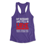 My Husband And I Fell In Love At First Sight Womens Racerback Tank in Purple Rush color