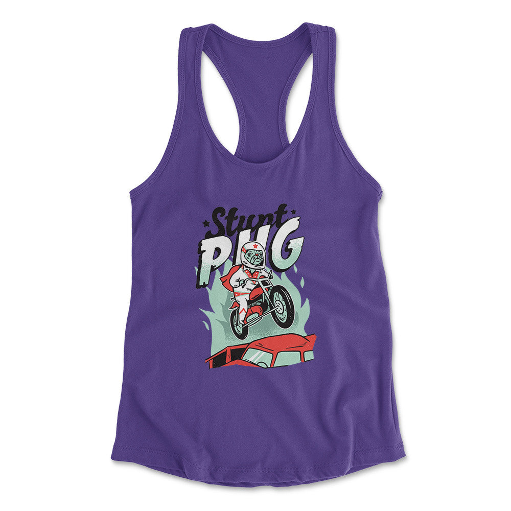 Stunt Pug Womens Racerback Tank in Purple Rush color