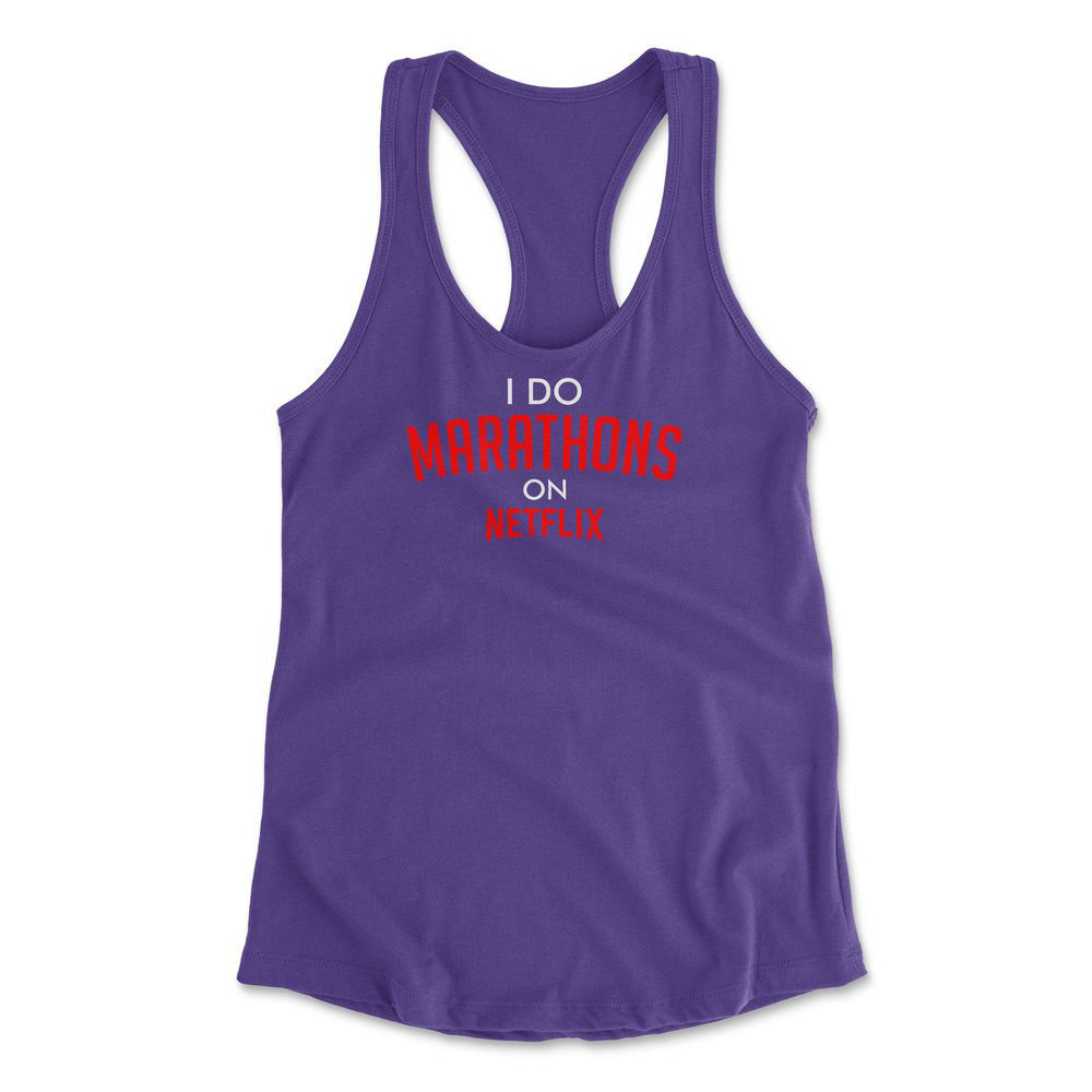 I Do Marathons On Netflix Womens Racerback Tank in Purple Rush color