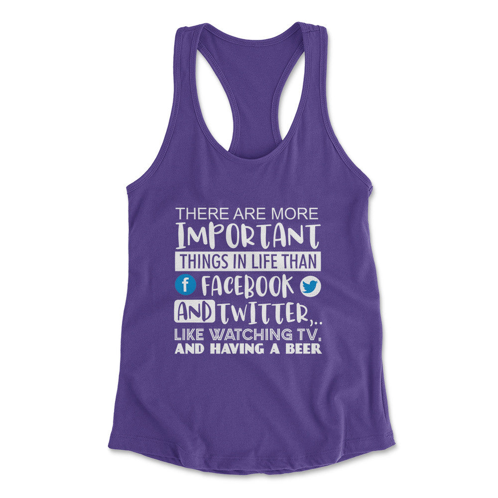 More Important Things In Life Than Fb And Twitter Womens Racerback Tank in Purple Rush color