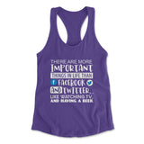 More Important Things In Life Than Fb And Twitter Womens Racerback Tank in Purple Rush color