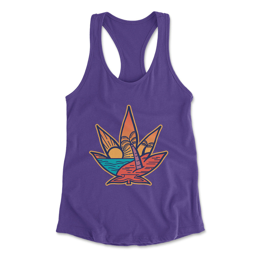 Cannabis Leaf Beach Womens Racerback Tank in Purple Rush color