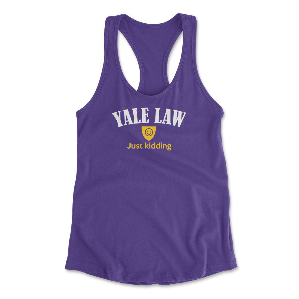 Yale Law, Just Kidding Womens Racerback Tank in Purple Rush color