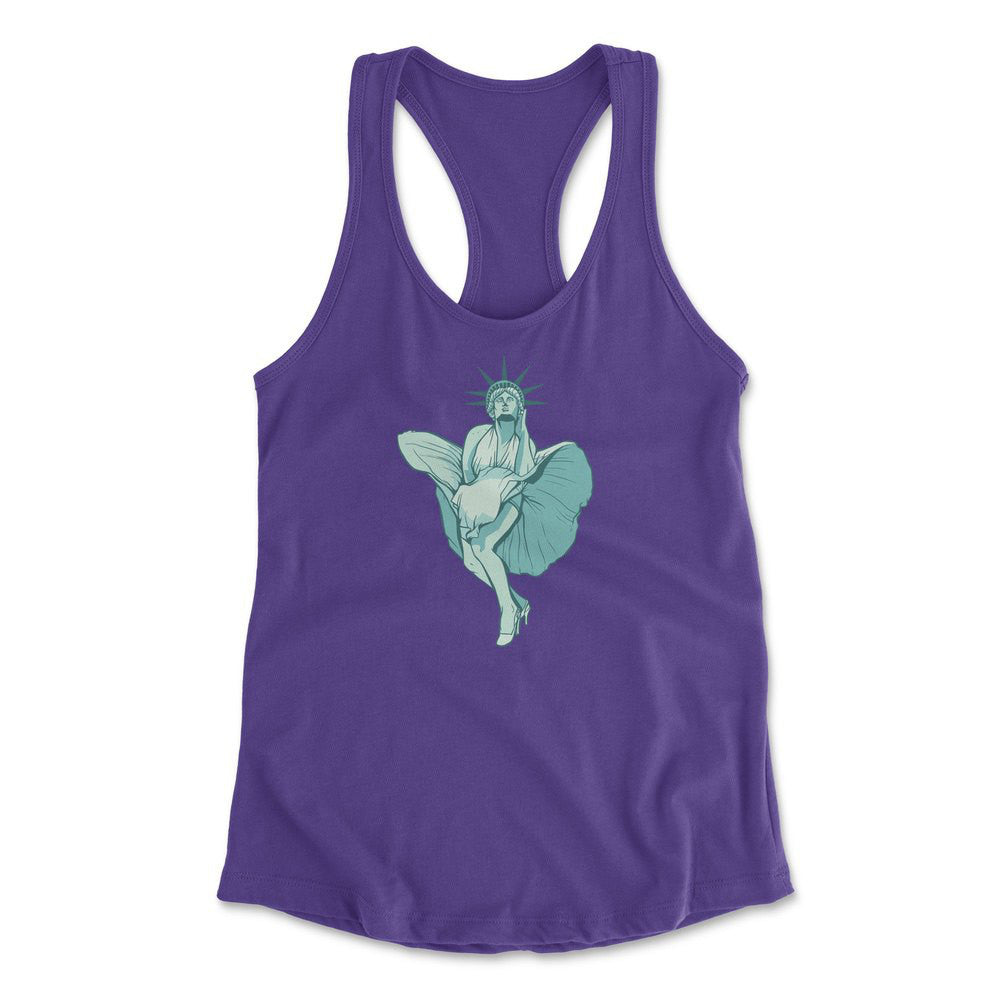Statue Of Liberty Marilyn Monroe Womens Racerback Tank in Purple Rush color