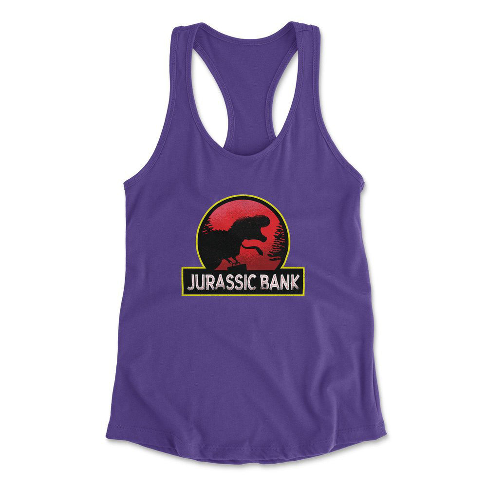 Jurassic Bank Womens Racerback Tank in Purple Rush color