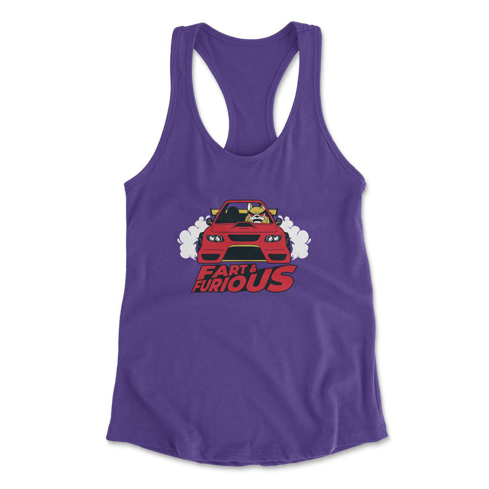 Fart And Furious Womens Racerback Tank in Purple Rush color