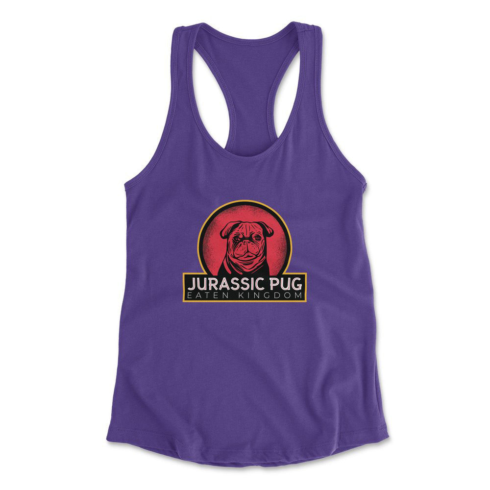 Jurassic Pug Womens Racerback Tank in Purple Rush color