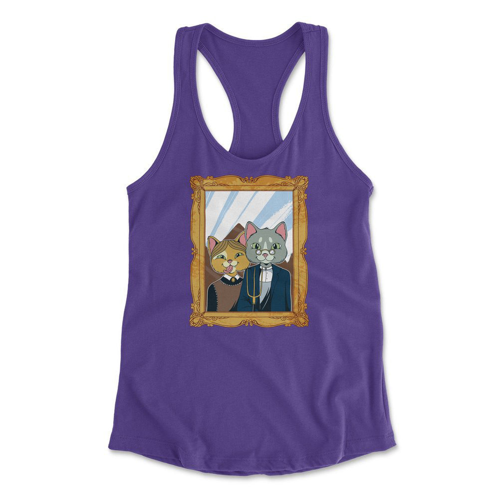 American Gothic Cats Womens Racerback Tank in Purple Rush color
